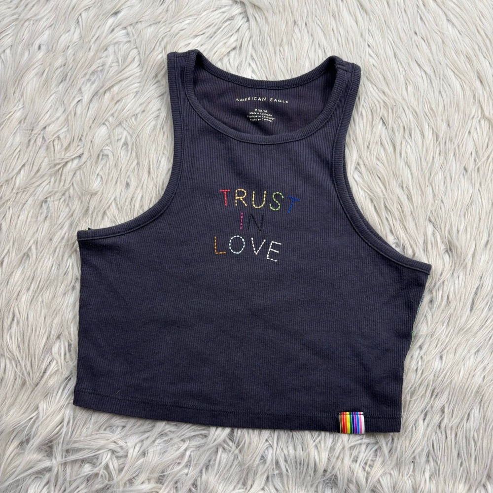 American Eagle Women's M Gray Trust in Love Rainbow Stitchā Cropped Tank Pride